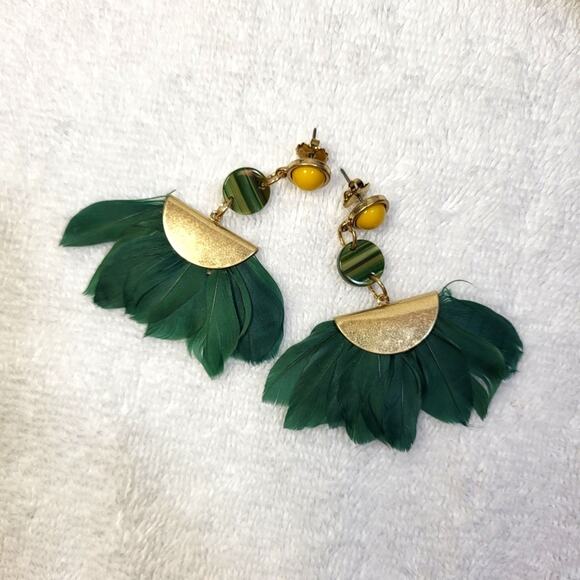 Green Feather Fan Statement Earrings – Boho Aztec Style, Pierced - Picture 2 of 4
